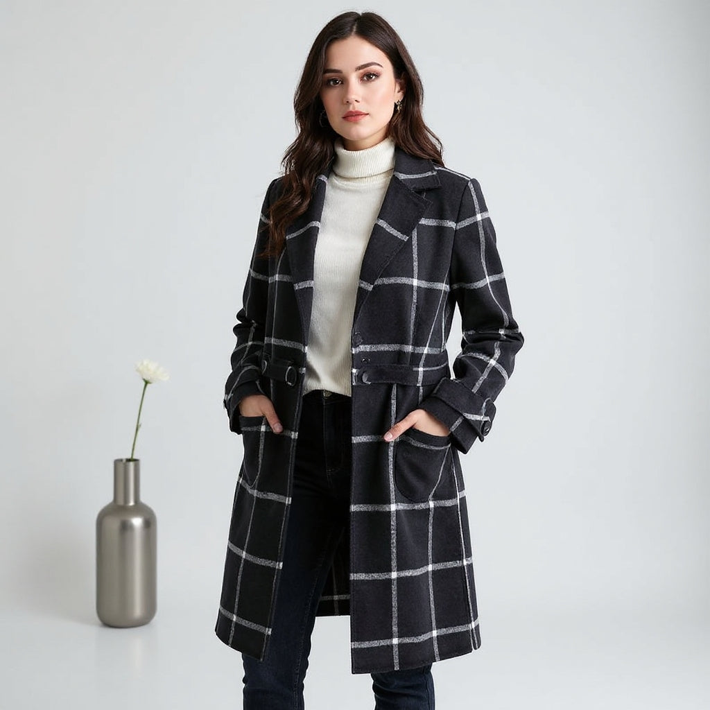 Athena - Elegantni Vuneni Kaput u Zelenom Kariranom Uzorku
