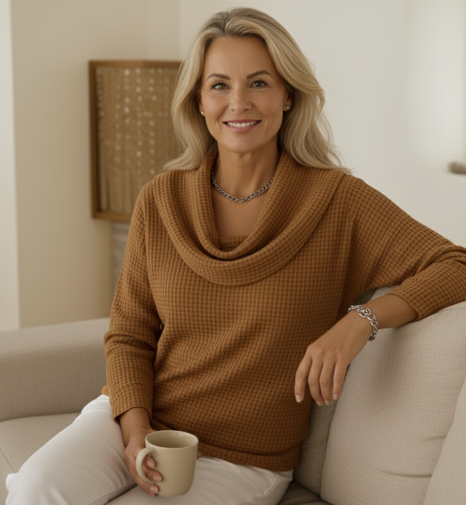 Marina – Topla pletena majica s wafl teksturom i elegantnim drapiranim ovratnikom
