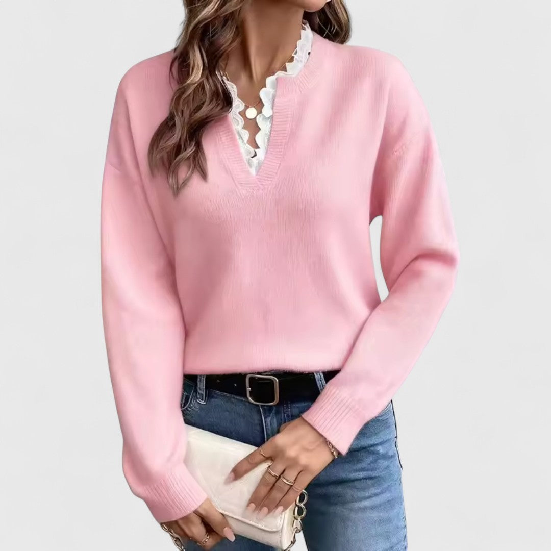 Sreća - Bluza s Čipkom i V-Izrezom s Elegantnom Udobnošću