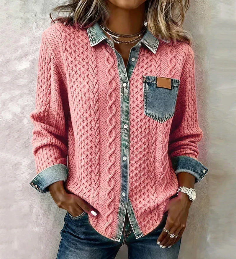 Aimilija - Pleteni top s pletenicama i denim detaljima