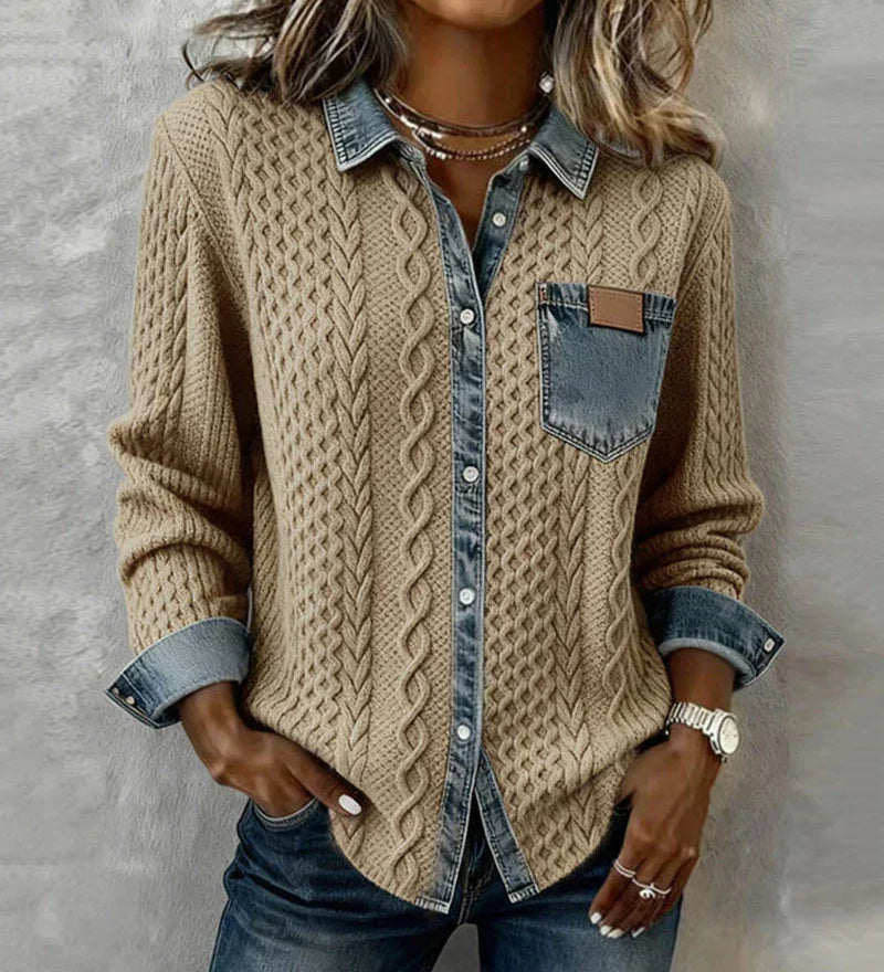 Aimilija - Pleteni top s pletenicama i denim detaljima