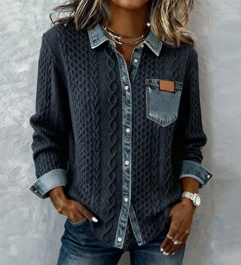 Aimilija - Pleteni top s pletenicama i denim detaljima